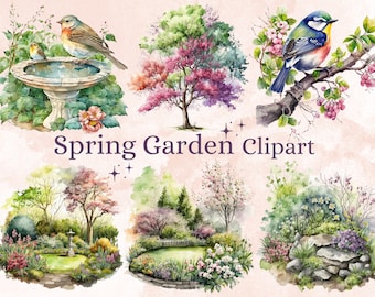 30 Clipart de jardim de primavera em aquarela PNG, pacote PNG de jardim, clipart de árvore de primavera, sublimação floral de primavera para impressão com uso comercial
