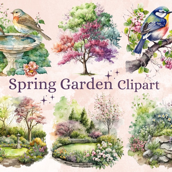 30 PNG Watercolour Spring Garden Clipart, Garden PNG Bundle, Spring Tree Clip art, Spring Floral Sublimation Printable with Commercial Use