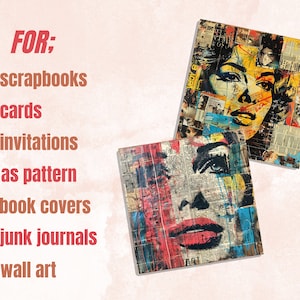 May include: Two art prints featuring a collage of a woman's face, with red, yellow, and blue accents. The prints are made from newspaper clippings and are suitable for scrapbooks, cards, invitations, and wall art.