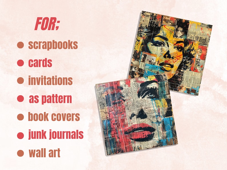 May include: Two art prints featuring a collage of a woman's face, with red, yellow, and blue accents. The prints are made from newspaper clippings and are suitable for scrapbooks, cards, invitations, and wall art.