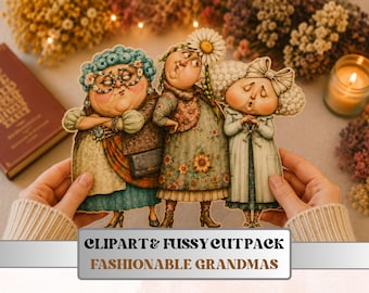Fashionable Grandmas Fussy Cuts, Printable Cut Outs, Quirky Grandma Ephemera, Junk Journal Scrapbook Pack, Whimsy Paper Craft