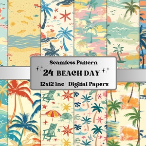 Papel digital del día de la playa sin costuras, patrón sin costuras de verano pastel, fondo de vibraciones de verano, patrón de palmera de playa, papel de álbum de recortes de vacaciones