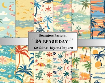 Papel digital del día de la playa sin costuras, patrón sin costuras de verano pastel, fondo de vibraciones de verano, patrón de palmera de playa, papel de álbum de recortes de vacaciones