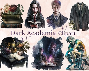 May include: Dark academia clipart featuring a collection of illustrations, including a stack of old books, a student reading a book, a young man with a serious expression, a coat, a table with a lamp and a notebook, a student studying with a candle, and a statue of a man in a contemplative pose.