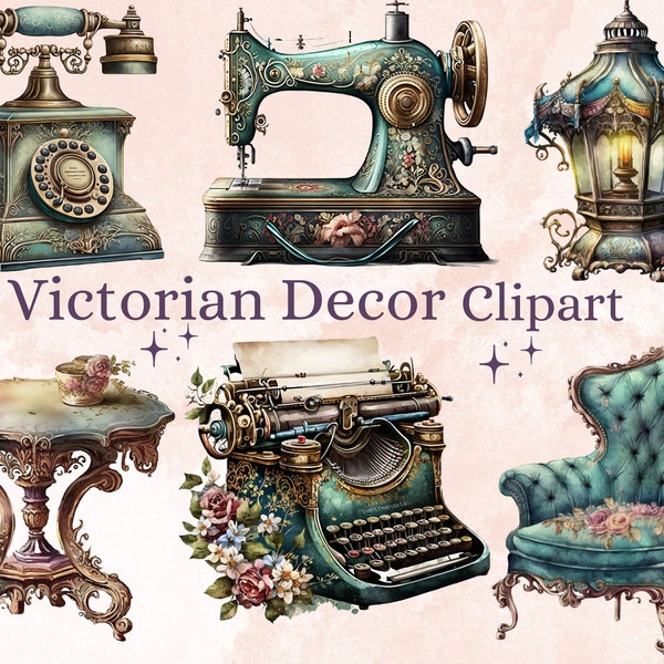 33 PNG Acuarela Victorian Decor Clipart, Vintage Decor png bundle, Victorian era Decor clip art png, objetos antiguos vintage y superposiciones