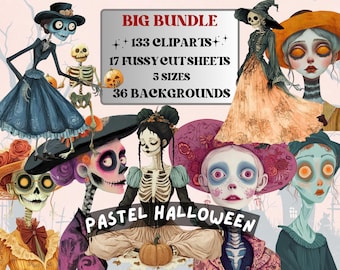 Conjunto de Colagem de Halloween em Pastel, Corte Pastelloween Exigente, Clipart Assustador e Fofo, Diário de Lixo Caprichoso, Folha de Arte em Mídia Mista Excêntrica