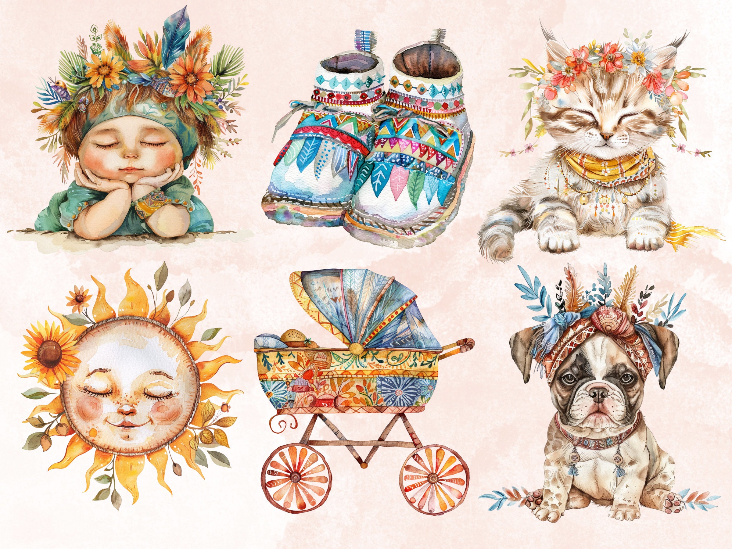 70 PNG Watercolor Bohemian Newborn Clipart, Boho Baby Shower ...