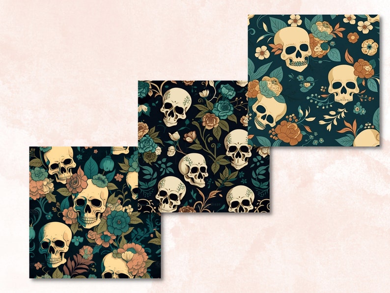 Vintage Floral Skull Digital Paper, Skull flowers digital paper pack, skeletons and vintage flowers for journal and scrapbooking pages pack