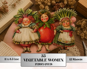Vegetable Women Fussy Cut Printable, 35 Whimsical Veggie Girl Cutouts, Quirky Ephemera Junk Journal Scrapbook Sheets