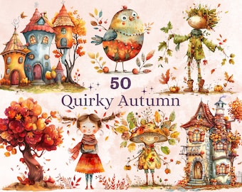 50 PNG Watercolor Quirky Autumn Bundle Clipart, Whimsical Fall Girl Illustrations Clip art, Funny Autumn Bird png, Quirky Houses Sublimation