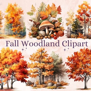 32 Clipart de floresta de outono em aquarela PNG, clipart de ilustrações de floresta de outono, cogumelo de outono floral png, sublimação de árvores de folhagem de outono