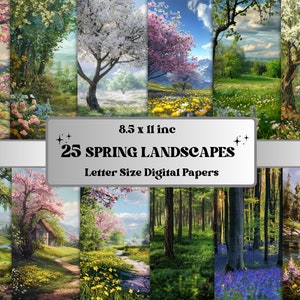 Carta digitale stampabile con paesaggi primaverili, scene primaverili effimere, sfondo foresta fantasy, diario spazzatura di Pasqua, scrapbooking, creazione di cartoline