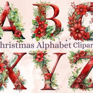 24 PNG Aquarell rot Weihnachten Alphabet Clipart, Weihnachten Buchstaben Clip art, Weihnachten Schriftart png, Xmas Noel Floral Alphabet Sublimation