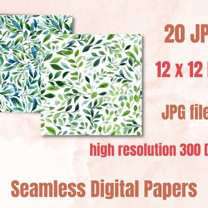 Seamless Watercolor Gentle Leaves Digital Paper, Eucalyptus Greenery Seamless Pattern, Botanical Collage Paper Pack, Greenery Junk Journal