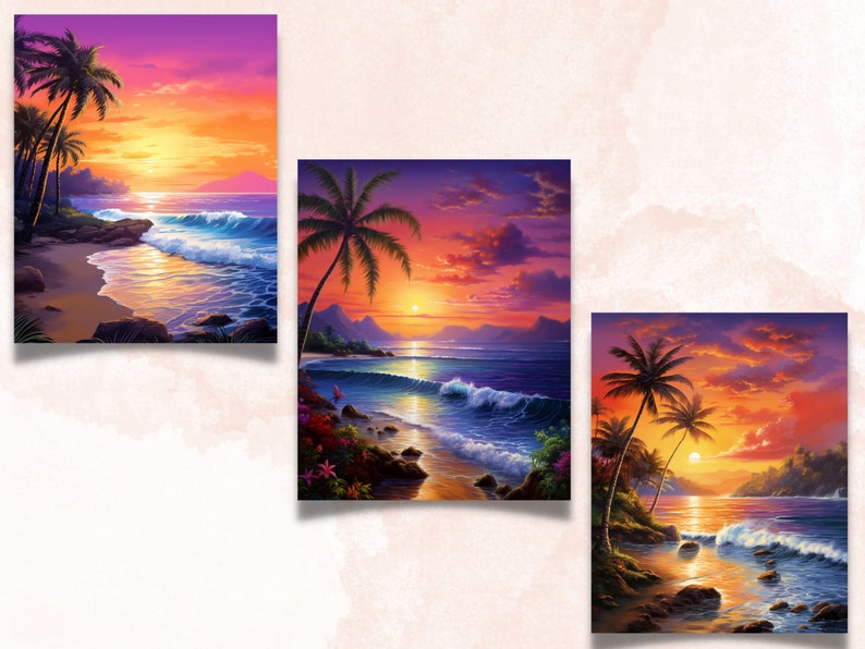May include: Three framed art prints showcasing tropical beach scenes at sunset. Each features palm trees, waves, and a vibrant sky with shades of orange, purple, and yellow. The artwork evokes a sense of tranquility and natural beauty.