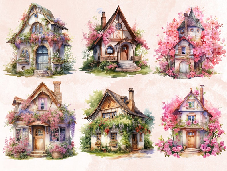 35 PNG Watercolor Spring Houses Clipart, Floral Spring House ...