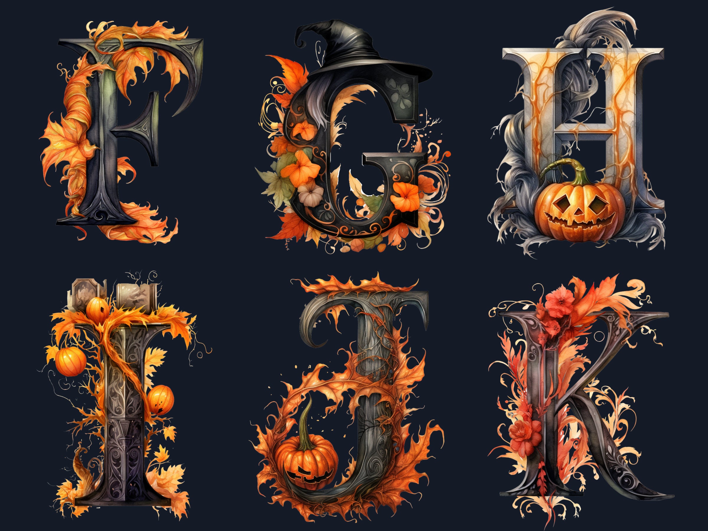 26 PNG Watercolor Halloween Alphabet Clipart, Gothic Letters ...