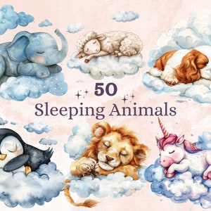 50 PNG Watercolor Sleeping Animals Clipart, Woodland Baby Shower Illustration Clip art, Sleepy Animal on Clouds png, Baby Animal Sublimation