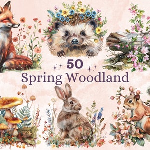 50 PNG aquarelle printemps forêt Clipart, illustrations florales de forêt de printemps Clip art, mignons animaux de la forêt Png, sublimation de la nature forêt