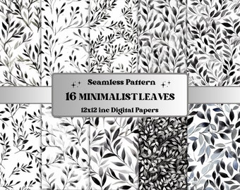 Seamless Watercolour Black and White Leaves Digital Paper, Minimalist Eucalyptus Greenery Seamless Pattern, Botanical Collage Paper Pack