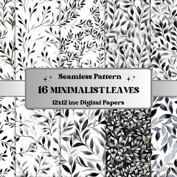 Seamless Watercolour Black and White Leaves Digital Paper, Minimalist Eucalyptus Greenery Seamless Pattern, Botanical Collage Paper Pack