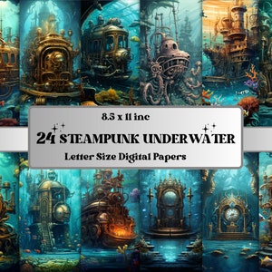 Druckbare Steampunk Unterwasser digitales Papier, Steampunk Hintergrund, Fantasy unter dem Meer Hintergrund, Download Junk Journal, Scrapbooking