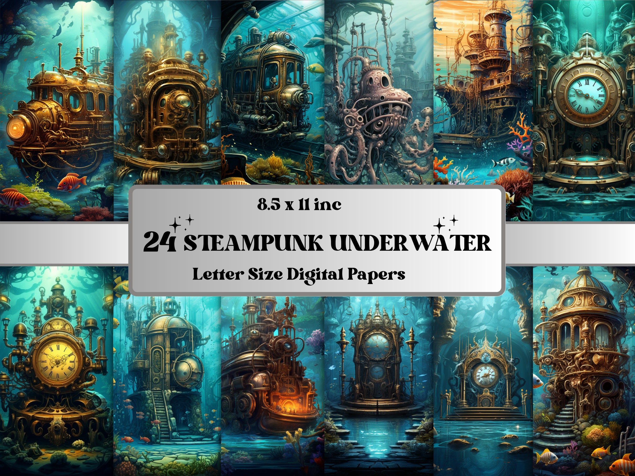 Printable Steampunk Underwater Digital Paper, Steampunk Background ...