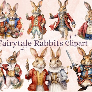 36 Pacote de clipart de coelho de conto de fadas em aquarela PNG, clipart de animal de conto de fadas, coelho de conto de fadas vintage PNG, coelhos de fantasia PNG clipart