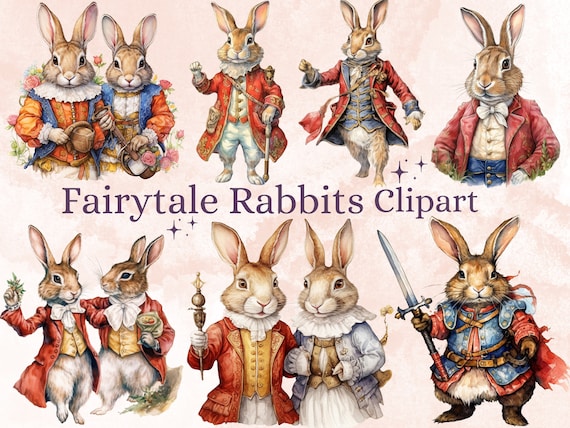 36 PNG Watercolor Fairytale Rabbit Clipart Bundle, Fairy tale Animal Clip Art, Vintage Fairy tale Bunny PNG, Fantasy Bunnies PNG Clip art