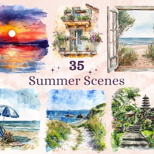 35 PNG Watercolor Summer Scenes Clipart, Summer Landscape Illustrations Clip art, Tropical Beach Sunset Png, Nature Sea View Sublimation
