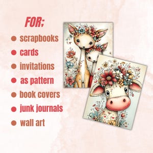 May include: Two watercolor illustrations featuring a deer and a cow, both adorned with floral crowns. The deer illustration shows two deer, while the cow illustration has a pink nose. Text on the left side reads "FOR: scrapbooks, cards, invitations, as pattern, book covers, junk journals, wall art."