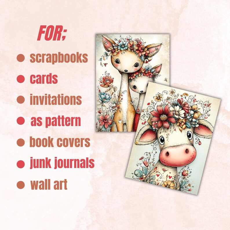 May include: Two watercolor illustrations featuring a deer and a cow, both adorned with floral crowns. The deer illustration shows two deer, while the cow illustration has a pink nose. Text on the left side reads "FOR: scrapbooks, cards, invitations, as pattern, book covers, junk journals, wall art."