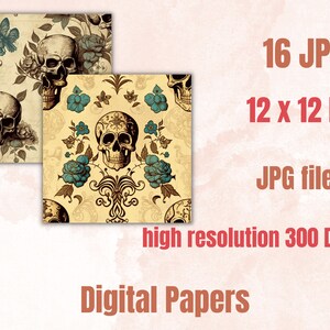 Vintage Floral Skull Digital Paper, Skull flowers digital paper pack, skeletons and vintage flowers for journal and scrapbooking pages pack