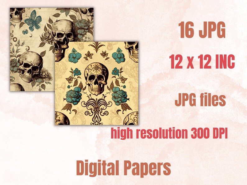 Vintage Floral Skull Digital Paper, Skull flowers digital paper pack, skeletons and vintage flowers for journal and scrapbooking pages pack