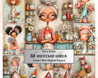 Cottage Girls Digital Paper Pack | Quirky Cottagecore Women Junk Journal Scrapbook Printable (Digital Download)