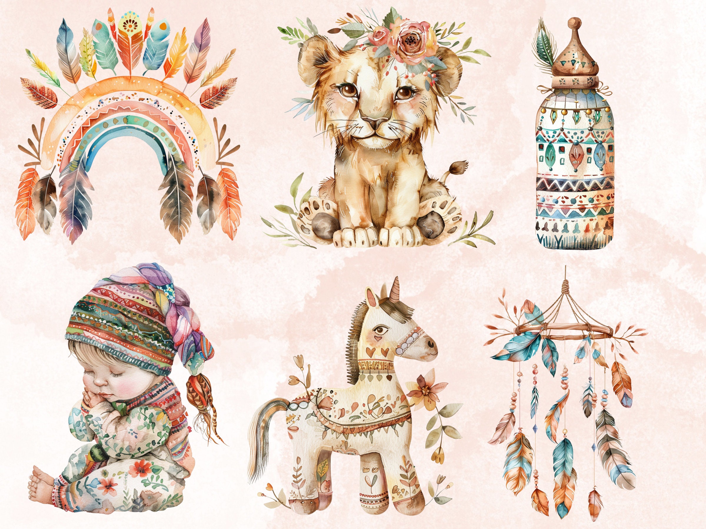70 PNG Watercolor Bohemian Newborn Clipart, Boho Baby Shower ...