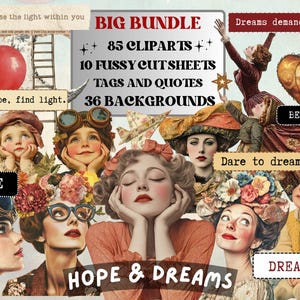 Hope & Dreams Collage Elements, Whimsical Ephemera Fussy Cut, Inspirational Tags and Quotes, Dreamer Feelings Scrapbook, Surreal Background