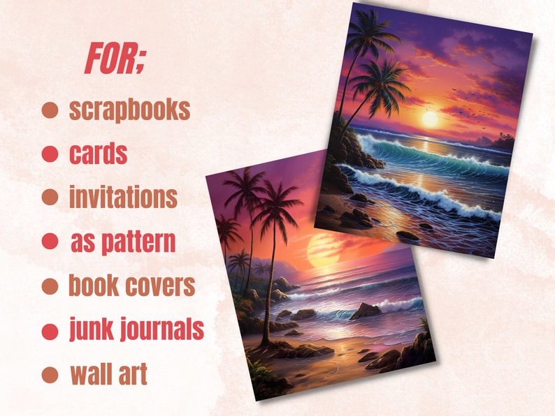 May include: Two art prints depicting a tropical sunset with palm trees, ocean waves, and a colourful sky in orange, purple, and blue. Text on the left side reads "FOR: scrapbooks, cards, invitations, as pattern, book covers, junk journals, wall art."