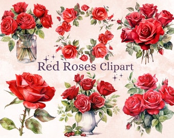30 PNG Watercolor Red Roses Clipart Bundle, Red Rose PNG Clip Art, roses and leaves in PNG format instant download, Rose bouquet clipart set