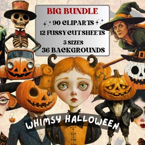 Whimsy Halloween Collage Elements Bundle, Creepy Halloween Fussy Cut, Quirky Spooky Clipart, Whimsical Junk Journal, Mixed Media Art Sheet