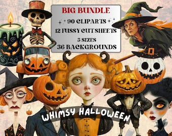 Whimsy Halloween Collage Elements Bundle, Creepy Halloween Fussy Cut, Quirky Spooky Clipart, Whimsical Junk Journal, Mixed Media Art Sheet