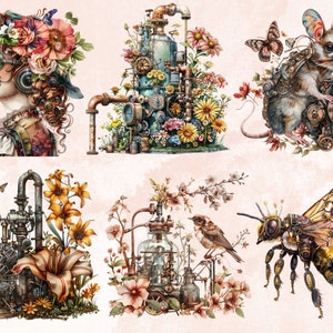 60 PNG Watercolor Steampunk Spring Clipart, Floral Spring Illustrations Clip art, Steampunk Flowers png, Fantasy Industrial Sublimation