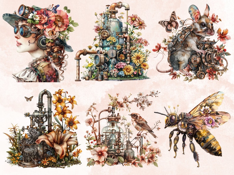 60 PNG Watercolor Steampunk Spring Clipart, Floral Spring Illustrations Clip art, Steampunk Flowers png, Fantasy Industrial Sublimation