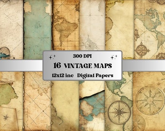 Papel digital de mapas antiguos, papel digital de mapas antiguos, mapas antiguos, paquete de papel de álbum de recortes de mapa mundial, mapas de collage, papeles de tarjetas vintage