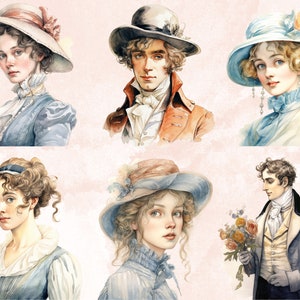 May include: A watercolor painting of six people wearing hats and clothing from the 1800s. The painting is done in a soft, romantic style with muted colors.