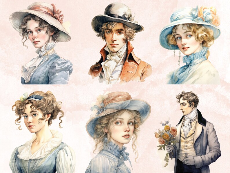 May include: A watercolor painting of six people wearing hats and clothing from the 1800s. The painting is done in a soft, romantic style with muted colors.