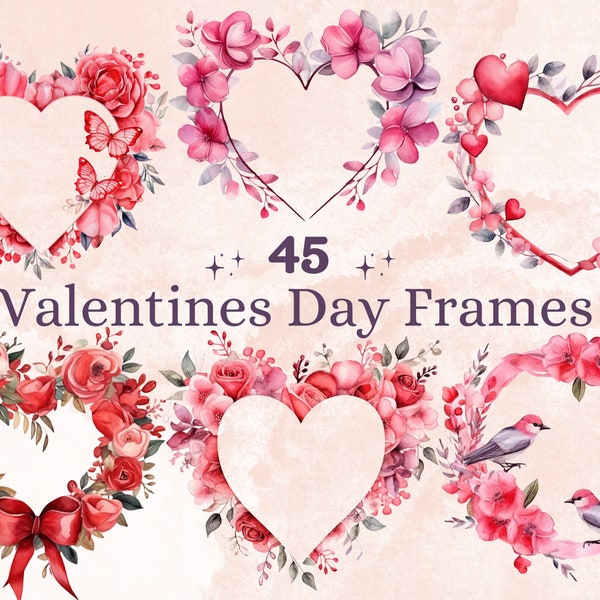 45 PNG aquarel Valentijnsdag frames clipart, bloemen Valentijnsdag krans illustraties illustraties, hart kransen frames PNG sublimatie