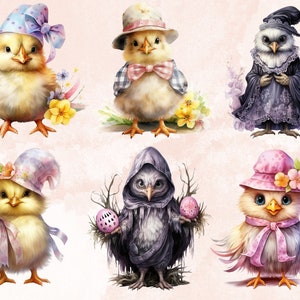 38 PNG Watercolor Easter Chick Clipart, Floral Easter Chick Illustrations Clip art, Garden Farmer Chicken Sublimation, Cute Spring Birds Png