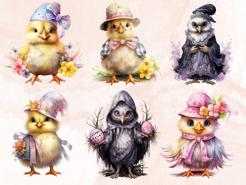 38 PNG Watercolor Easter Chick Clipart, Floral Easter Chick Illustrations Clip art, Garden Farmer Chicken Sublimation, Cute Spring Birds Png