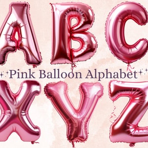 May include: Pink metallic foil letter balloons spelling out ABC, XYZ. The letters are inflated and have a shiny, reflective surface. The text "Pink Balloon Alphabet" is displayed in a dark blue font.